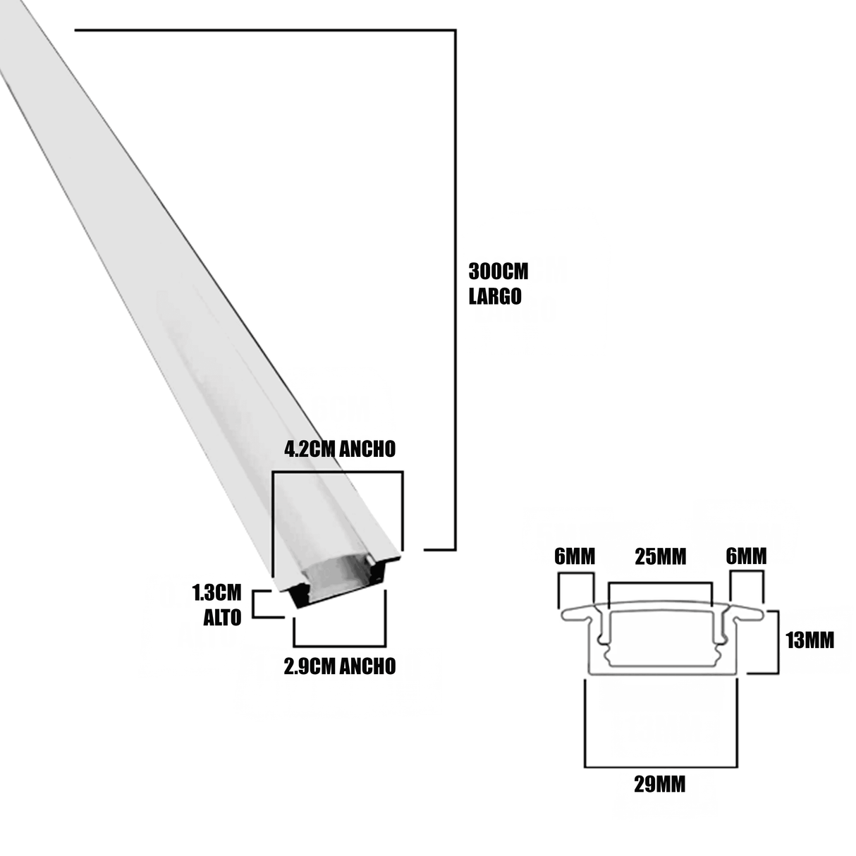 Diagrama técnico con dimensiones del ala de empotre y profundidad del canal de aluminio.