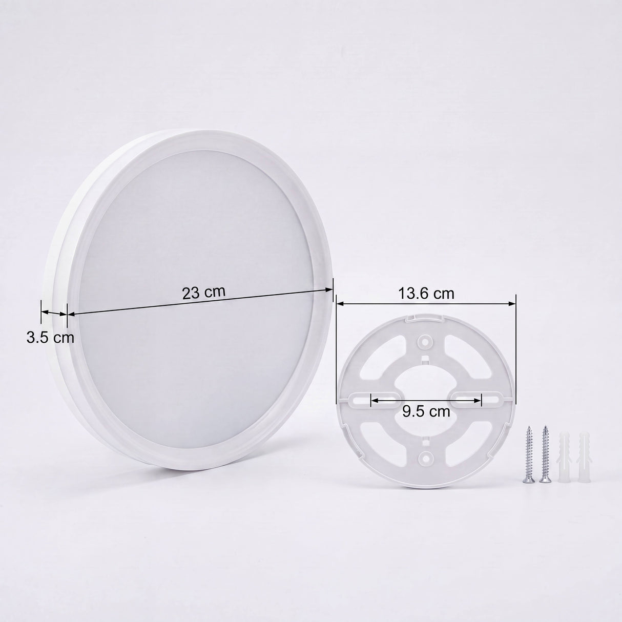 Esquema dimensional milimétrico de plafón led redondo para planificación técnica en falsos techos y muros.