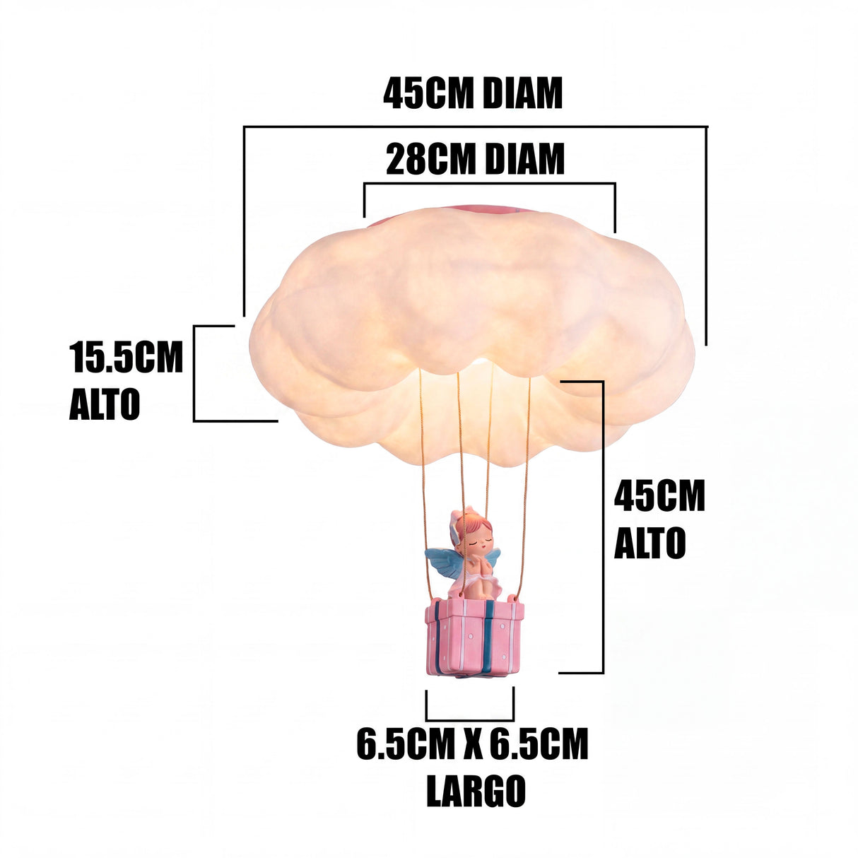 Infografía técnica: nube de 45cm de diámetro, altura total de 45cm y ángel de 6.5cm.