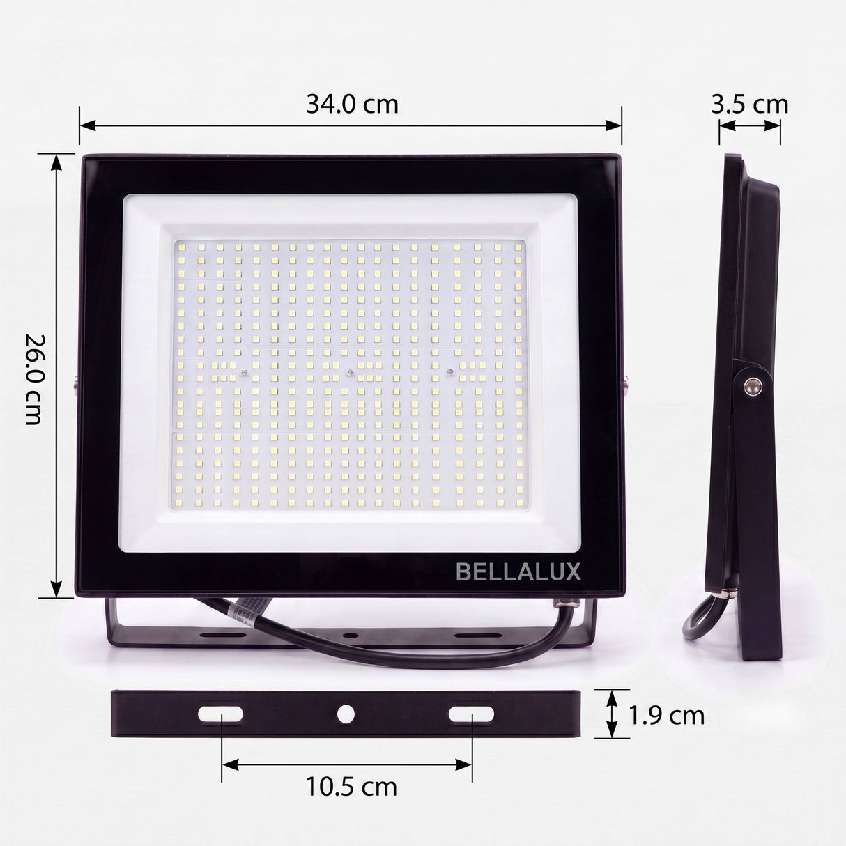 Plano técnico con dimensiones y grosor de proyector exterior extraplano de diseño minimalista.