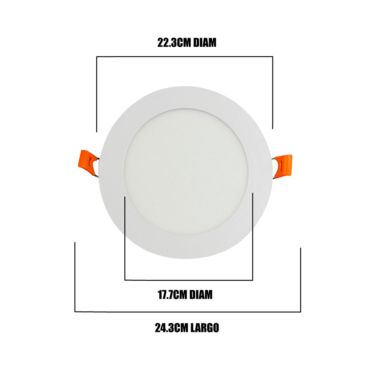 Infografía técnica: 22.3cm de diámetro exterior, 17.7cm de diámetro interno y 2.5cm de alto.