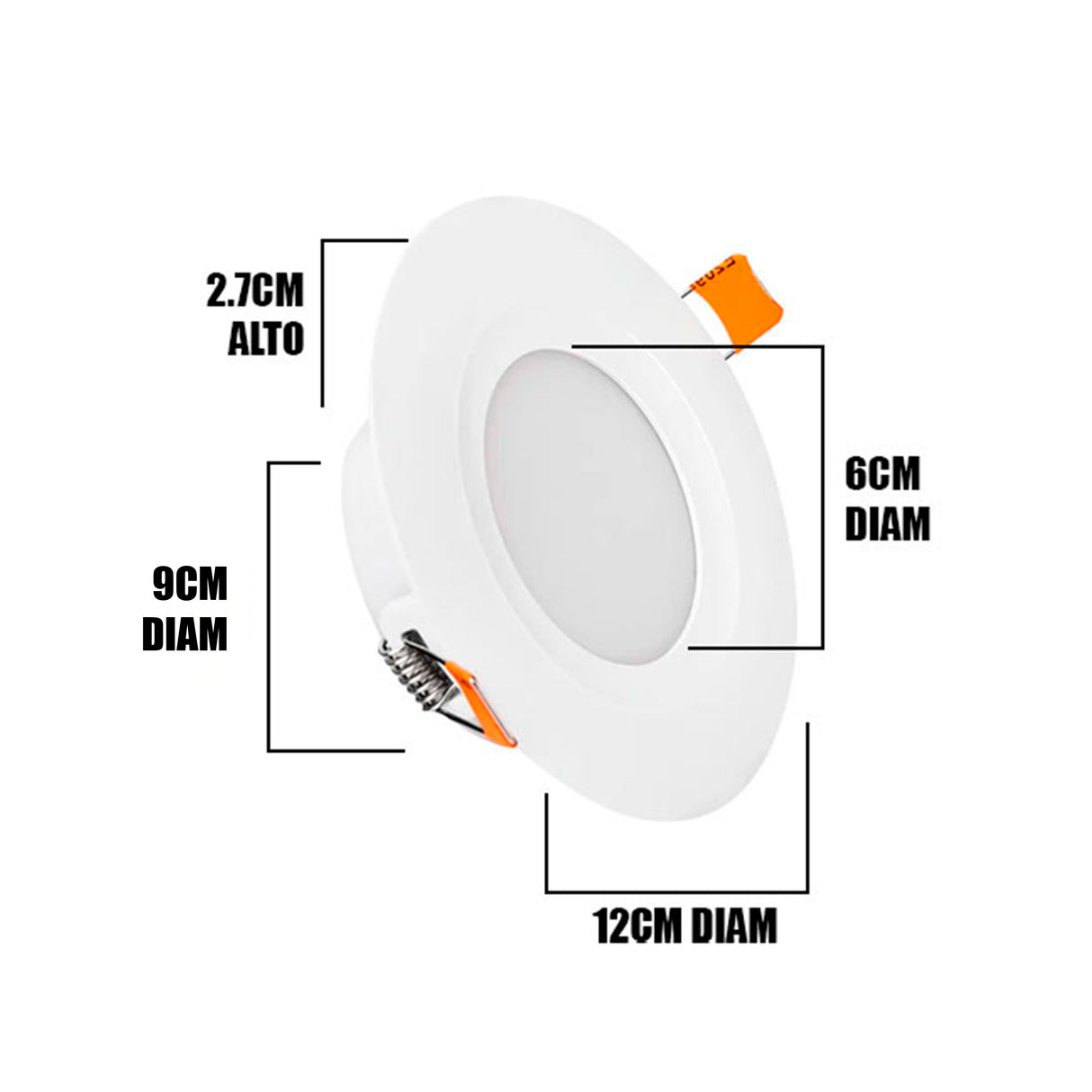 Infografía técnica: 12cm de diámetro exterior, 2.7cm de altura y 9cm de diámetro base.