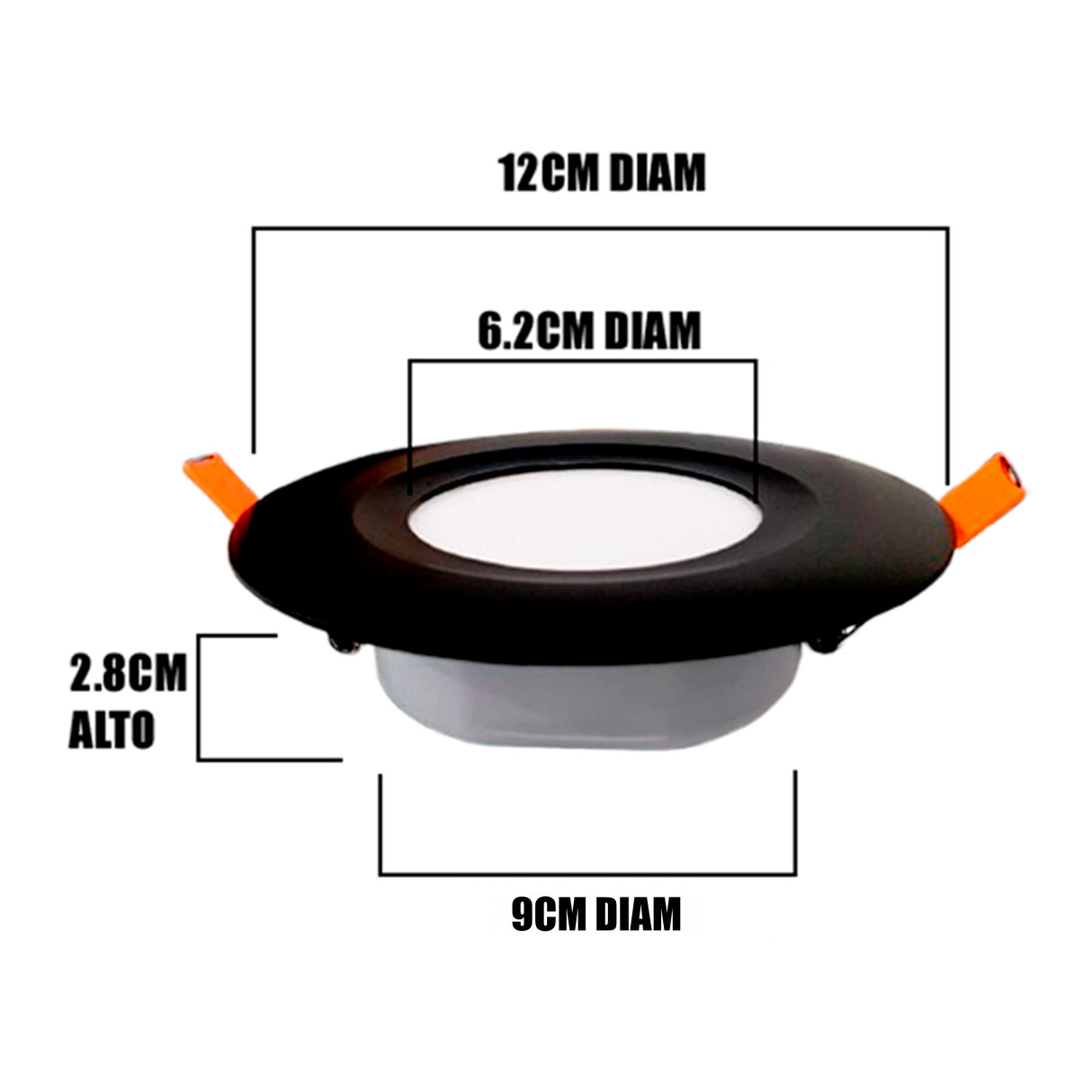Infografía con dimensiones: 12cm diámetro exterior, 2.8cm de alto y 9cm de diámetro base.