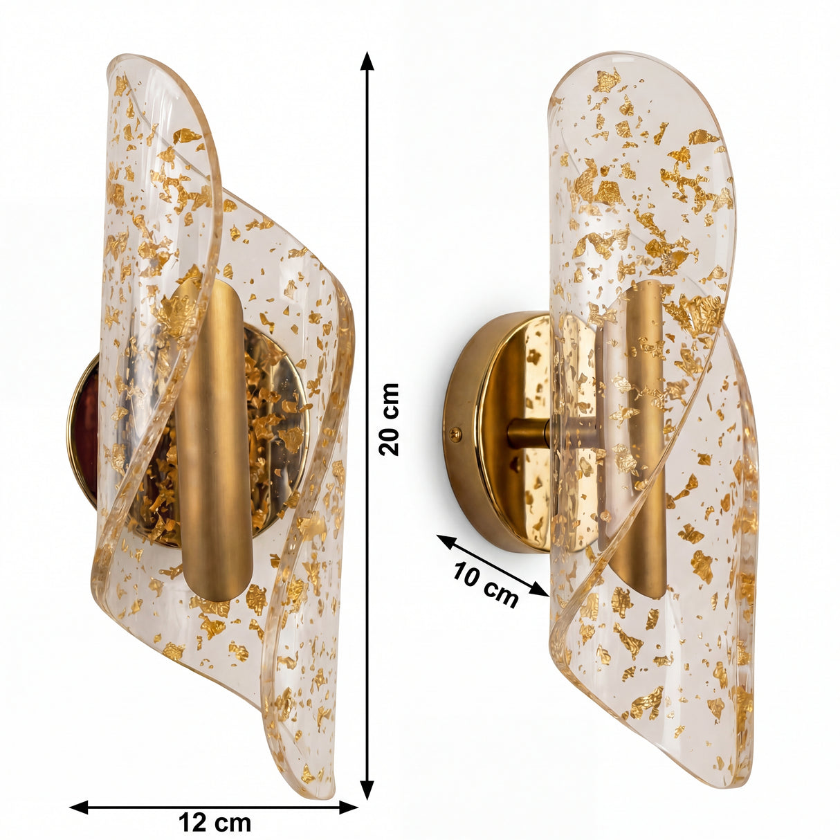 Infografia con las dimensiones exactas y medidas del aplique de pared Vortex Nebula Gold.