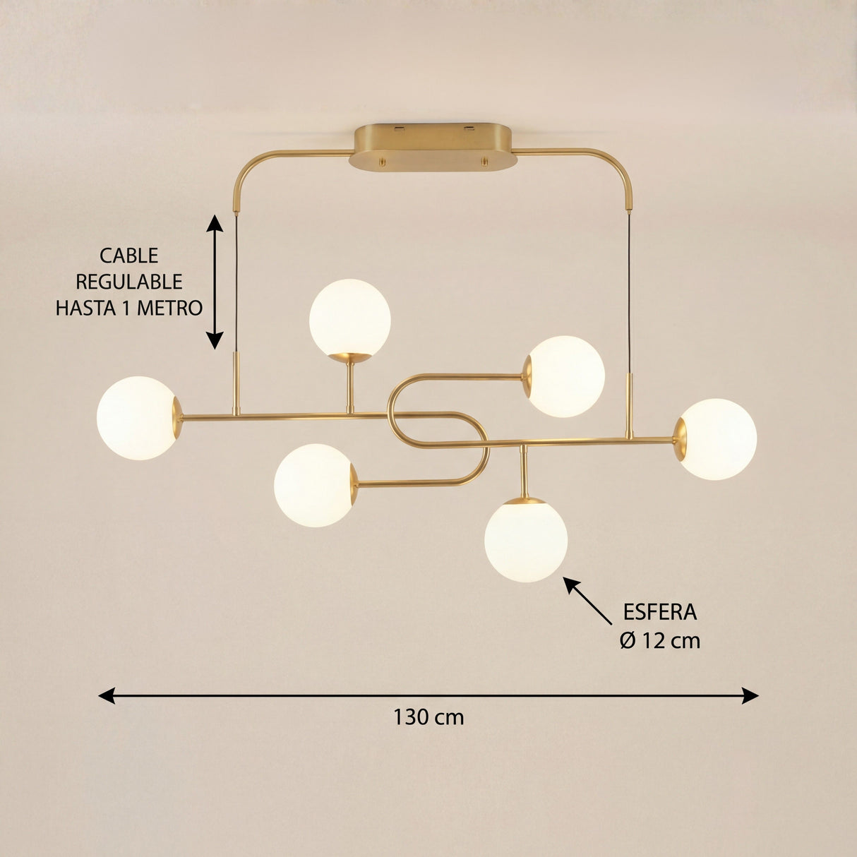 Diagrama con dimensiones de ancho y alto de la lampara colgante lineal dorada i-Lumina.