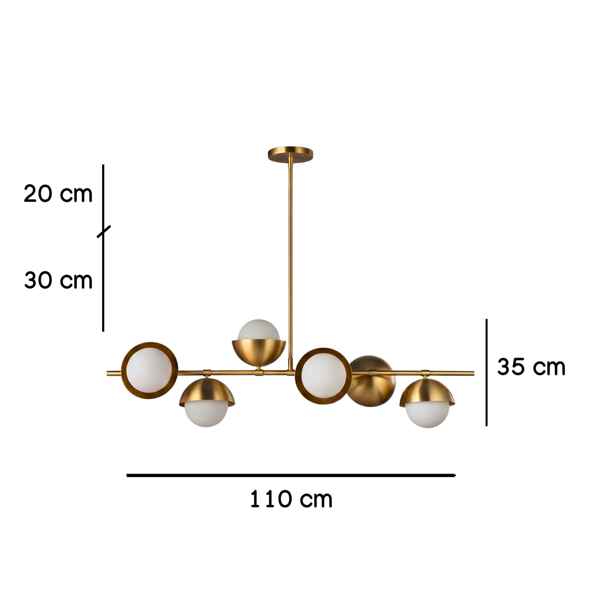 Diagrama de medidas de la lampara Nova Gold: 115cm de largo y 18cm de altura del cuerpo.