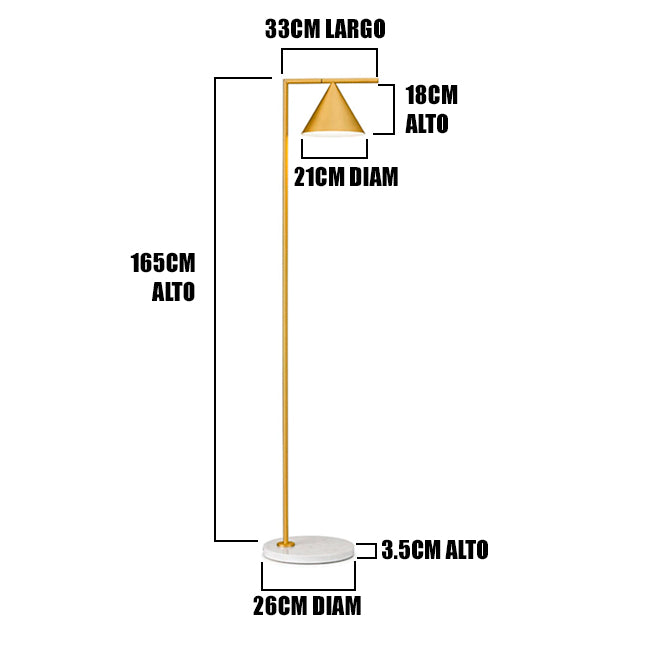 Plano técnico con cotas y dimensiones de lámpara de pie minimalista de latón.