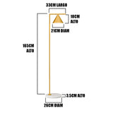 Plano técnico con cotas y dimensiones de lámpara de pie minimalista de latón.