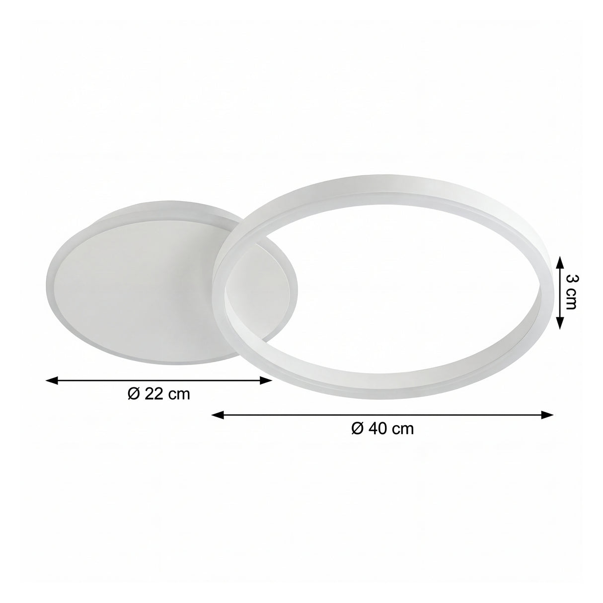 Ficha técnica con dimensiones de la luminaria LED circular blanca (40cm x 16cm).