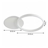 Ficha técnica con dimensiones de la luminaria LED circular blanca (40cm x 16cm).