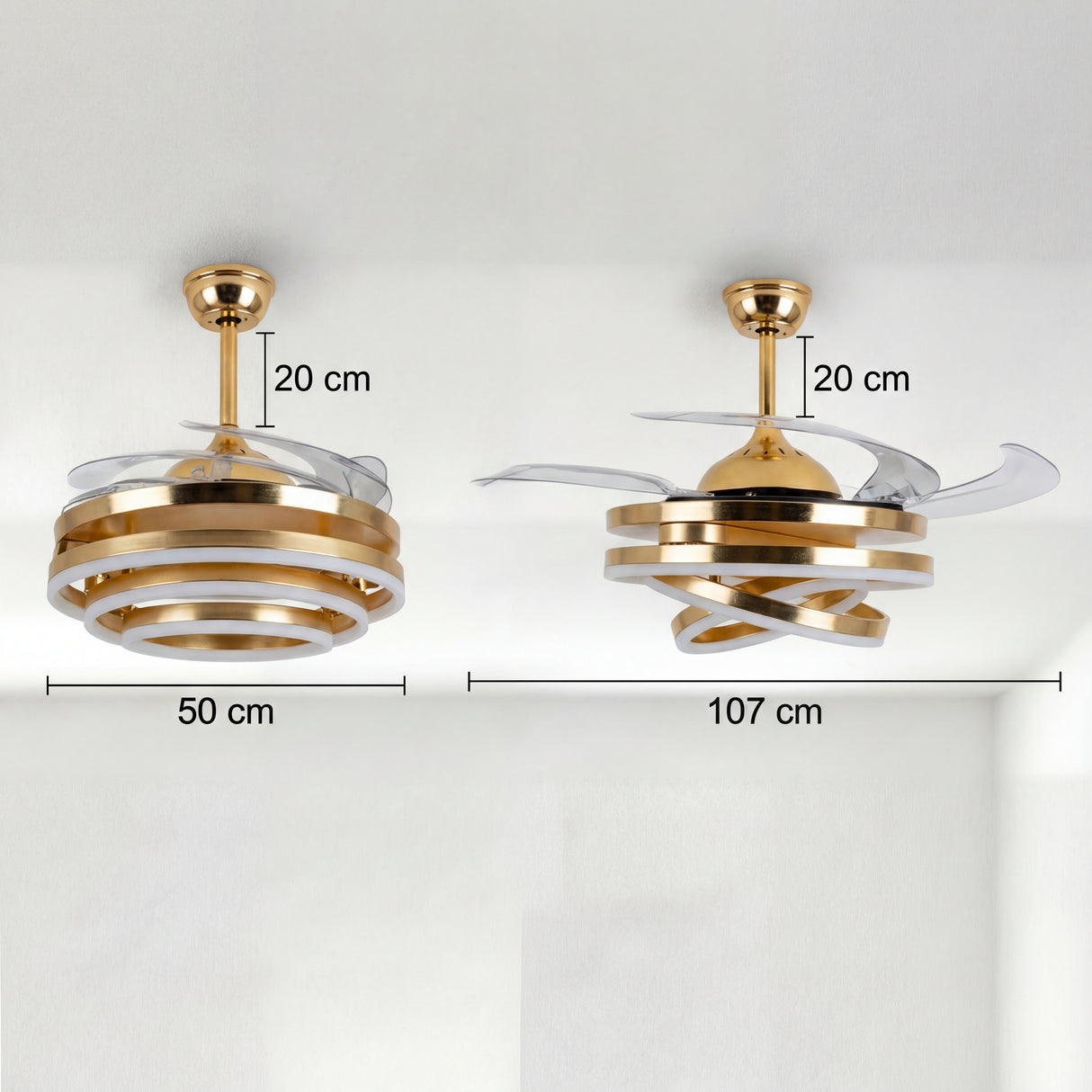 Dimensiones técnicas: 50 cm plegado y 107 cm desplegado para el modelo Luxury Gold.