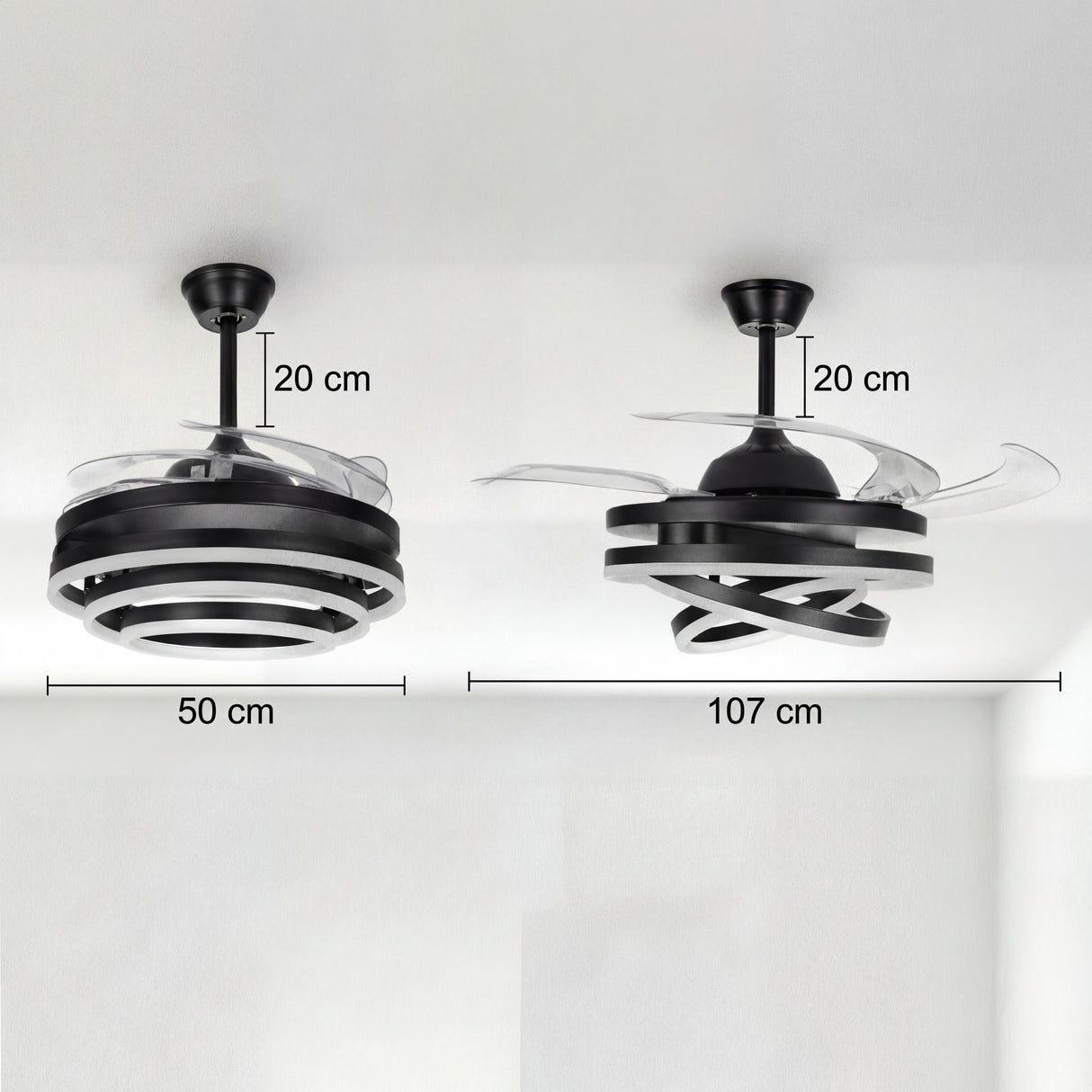 Dimensiones del ventilador: 50 cm cuando está plegado y 107 cm con aspas desplegadas.