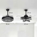 Dimensiones del ventilador: 50 cm cuando está plegado y 107 cm con aspas desplegadas.