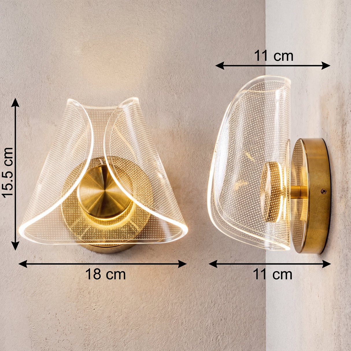 Infografía técnica que muestra las dimensiones de la lámpara: 15.5 cm de alto y 18 cm de ancho.