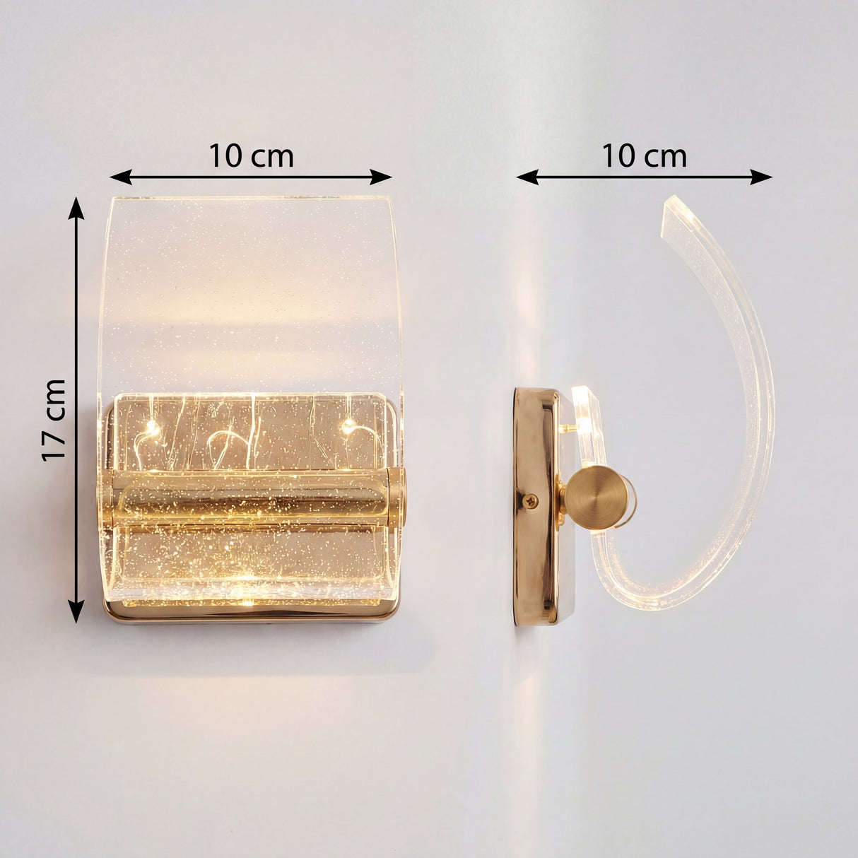 Diagrama con medidas de 17 cm de alto y 10 cm de ancho de la lámpara Wave Gold.