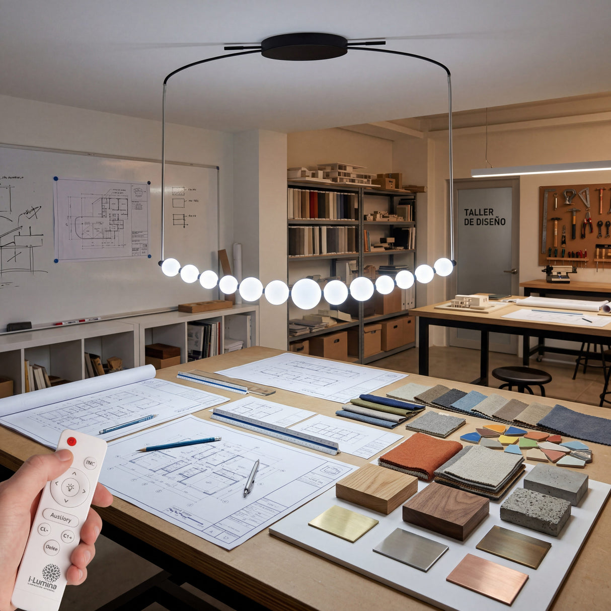 Estudio de arquitectura con lampara Perla Black de luz neutra para planos