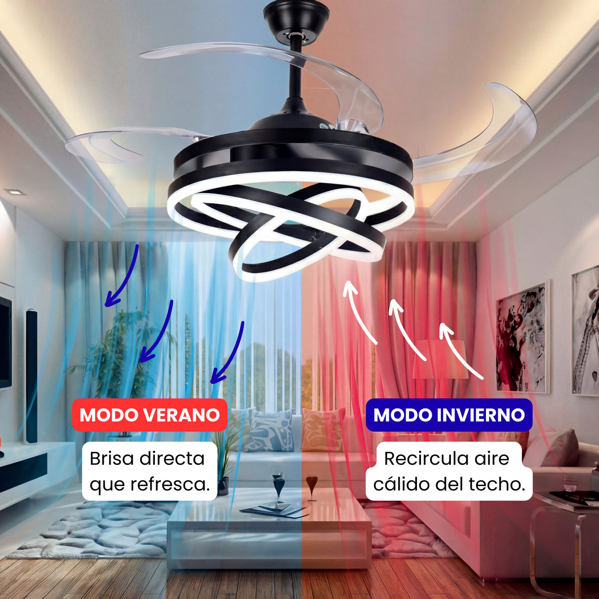 Explicación visual del flujo de aire: modo verano (refresca) y modo invierno (recircula calor).