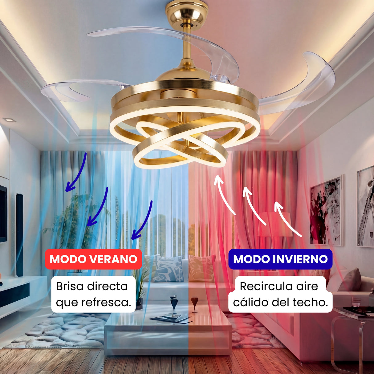 Infografía del flujo de aire reversible: refresca en verano y recircula calor en invierno.