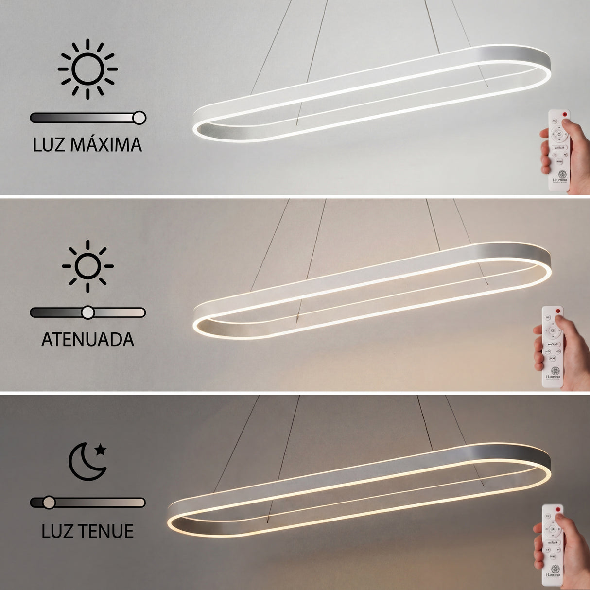 Modos de intensidad lumínica (Luz día, Ambiente, Noche) para lámpara ovalada blanca.