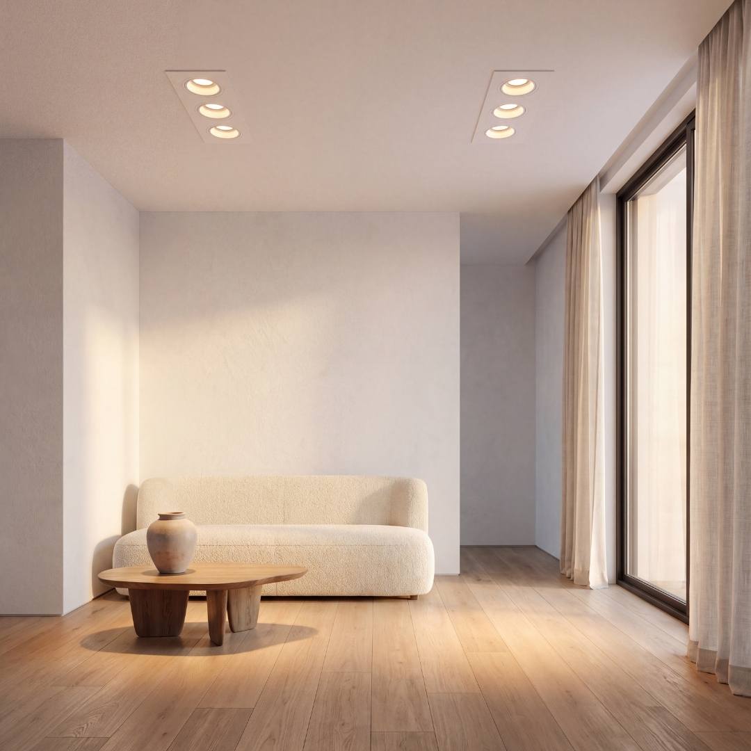 Ojo de buey de 3 luces empotrado al ras en el techo de una sala minimalista