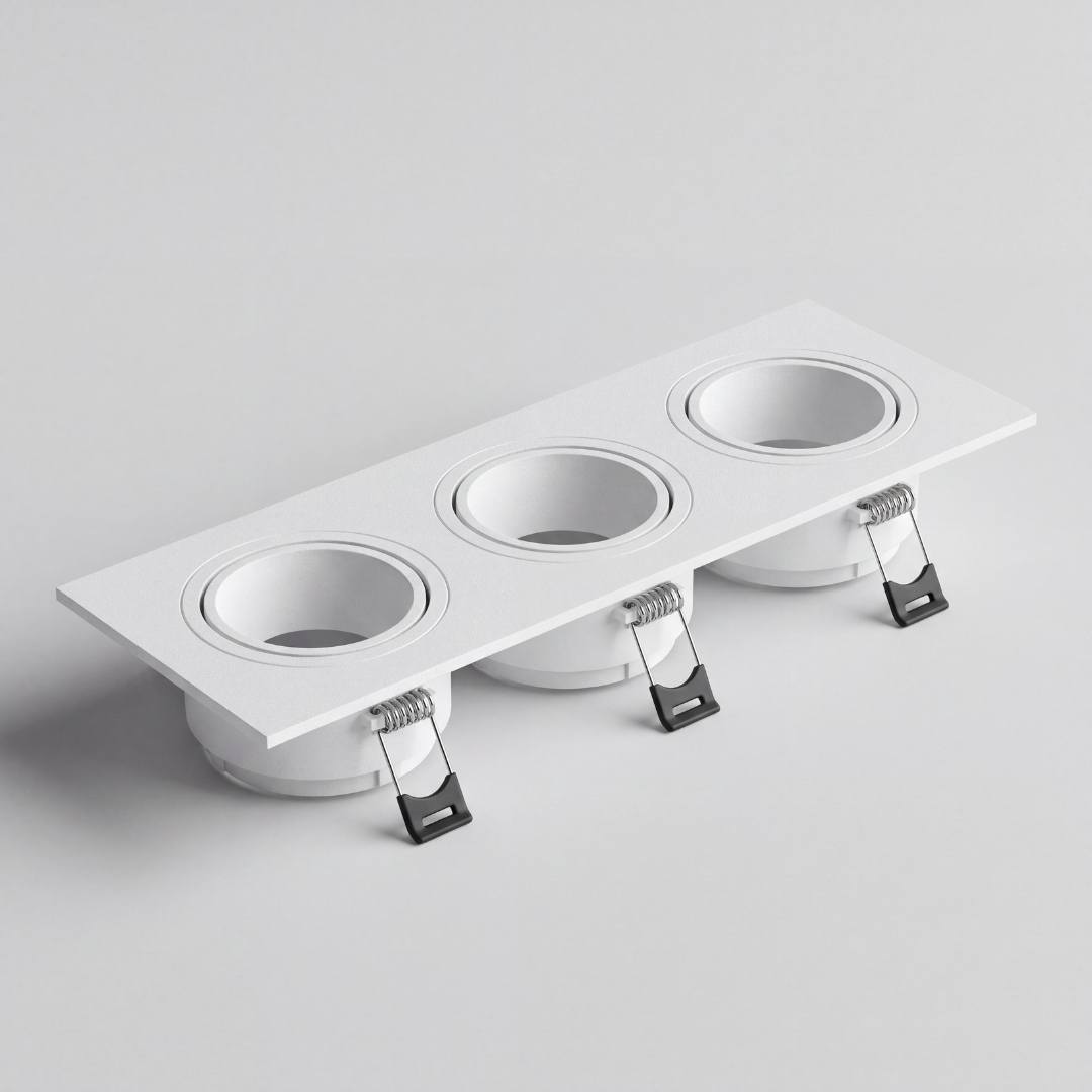Ojo de buey rectangular de 3 luces LEA en vista tres cuartos con ganchos de resorte