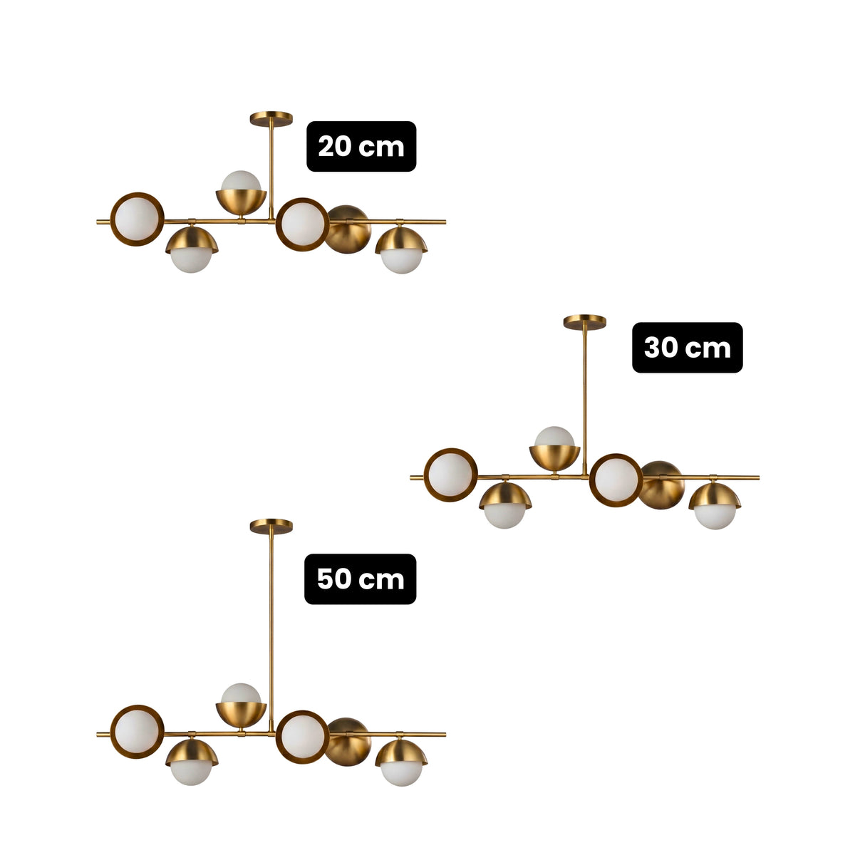 Grafico de alturas ajustables con tijas de 20cm, 30cm y 50cm para la lampara Nova.