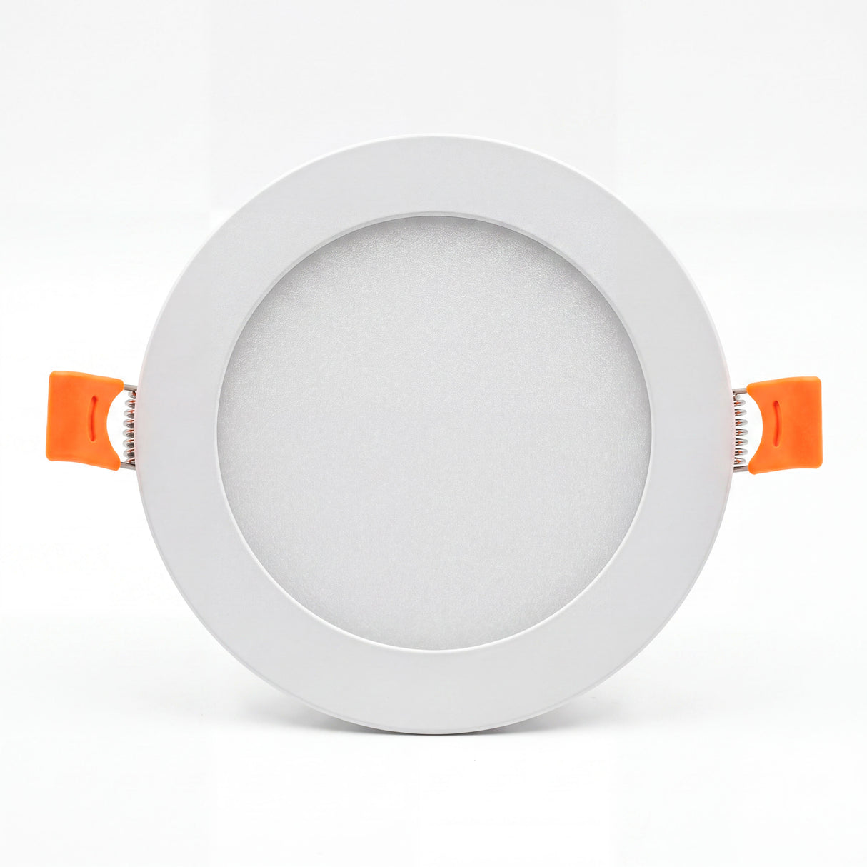 Vista de catálogo del spot Downlight LED circular blanco con clips laterales naranja.