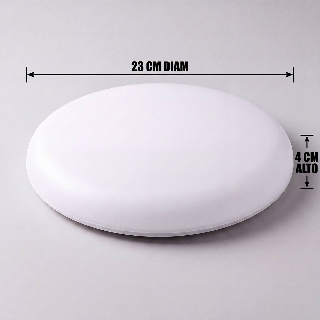 Dimensiones del panel LED de techo LUNA: 23 cm de diámetro y 4 cm de alto