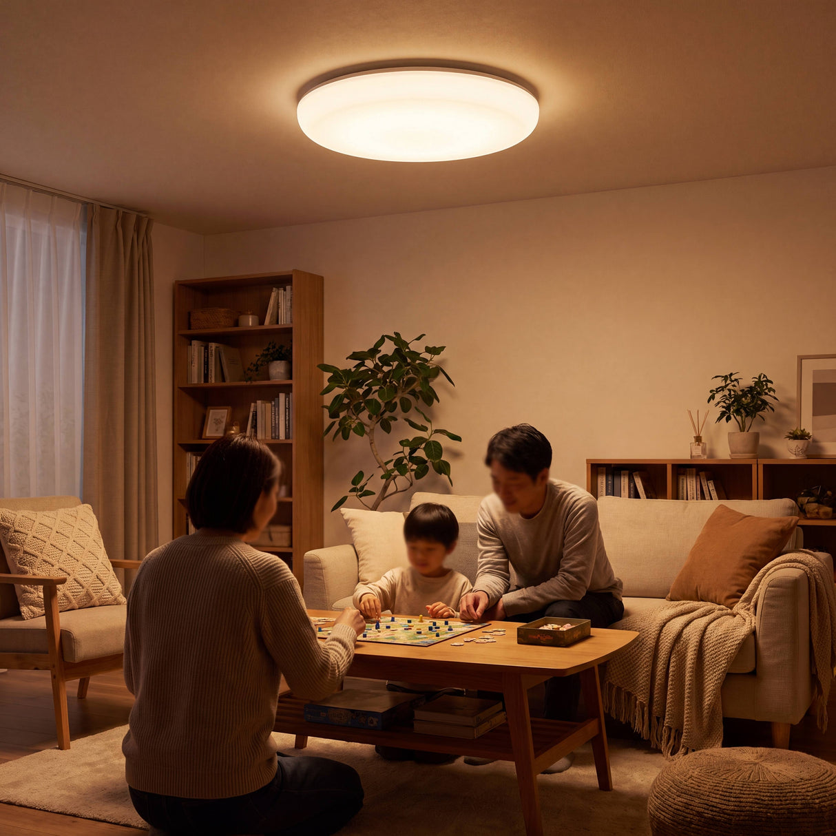 Panel LED LUNA en tono cálido iluminando cena familiar en el comedor