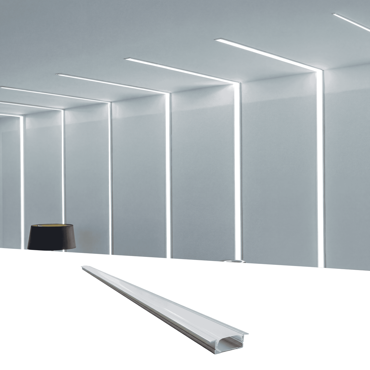 Integración lineal de iluminación técnica en paredes y techos con perfiles de aluminio.