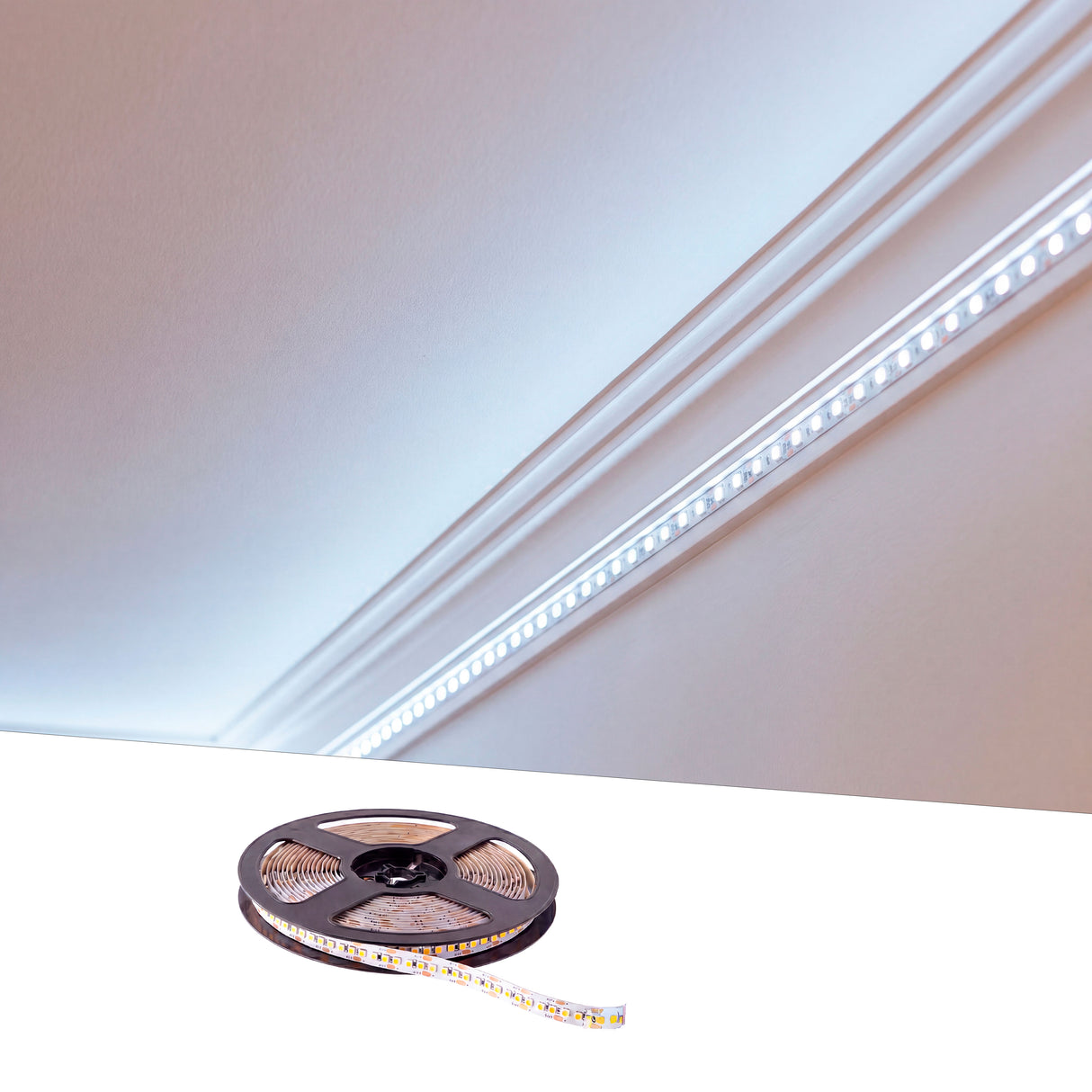 Detalle técnico de dos líneas de iluminación indirecta empotradas en paneles de yeso para proyectos residenciales.