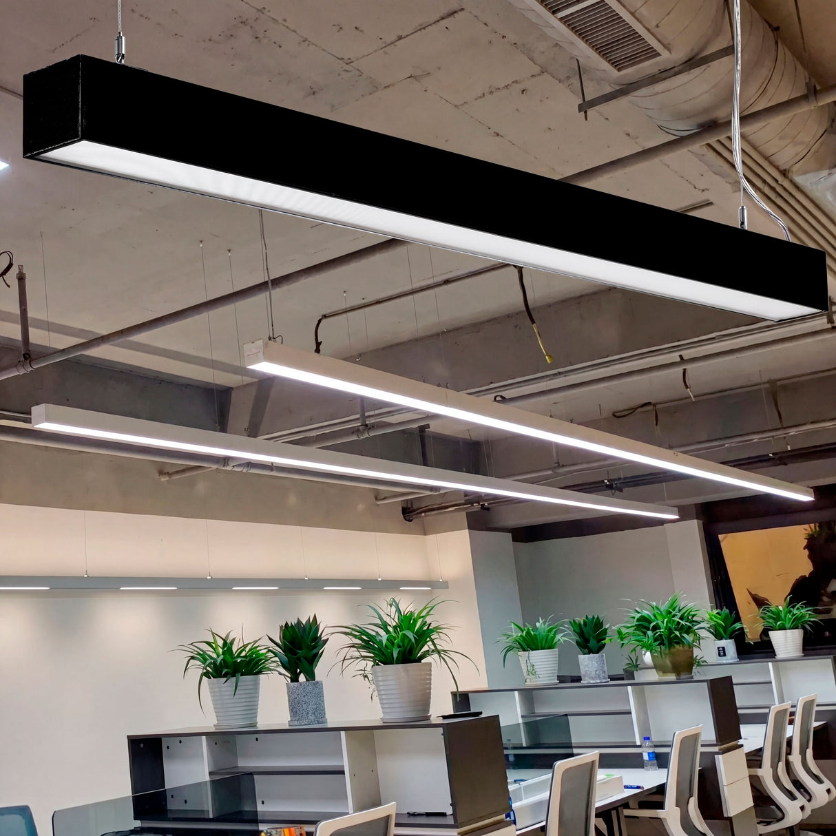 Sistemas de iluminación lineal suspendidos con tensores de acero en espacios de arquitectura contemporánea.