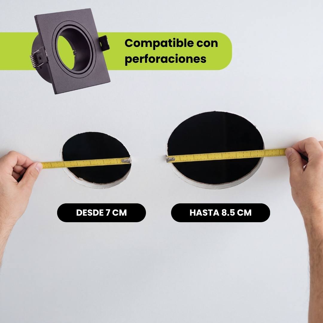 Perforación circular de 7 a 8.5 cm en techo compatible con spot empotrable LEA Black