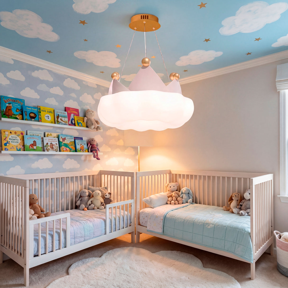 Lámpara Little King centrada en dormitorio con dos cunas y mural de globos aerostáticos.