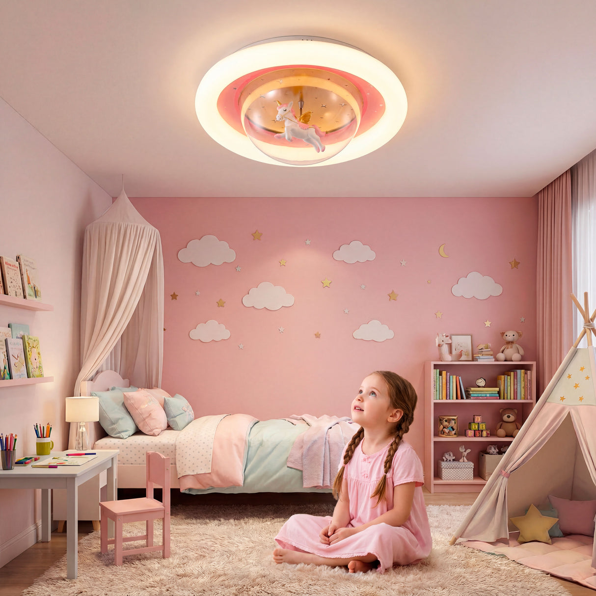 Lámpara temática de unicornio en cuarto con dos camas y diseño contemporáneo.