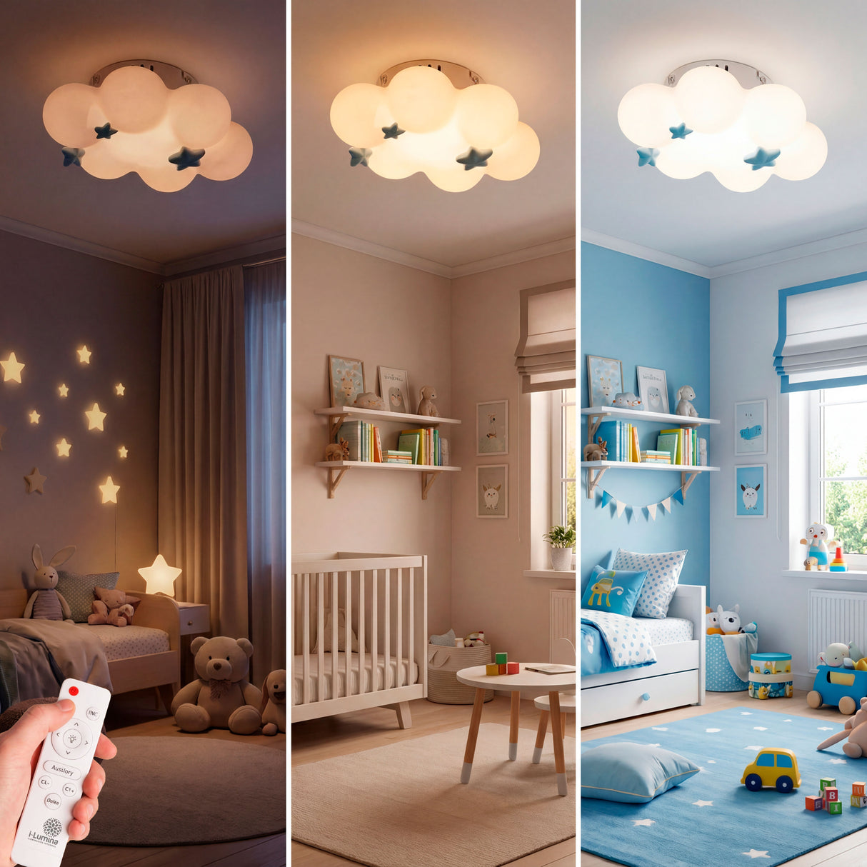 Dos ambientes de luz (cálida y fría) en dormitorio infantil con camas gemelas.
