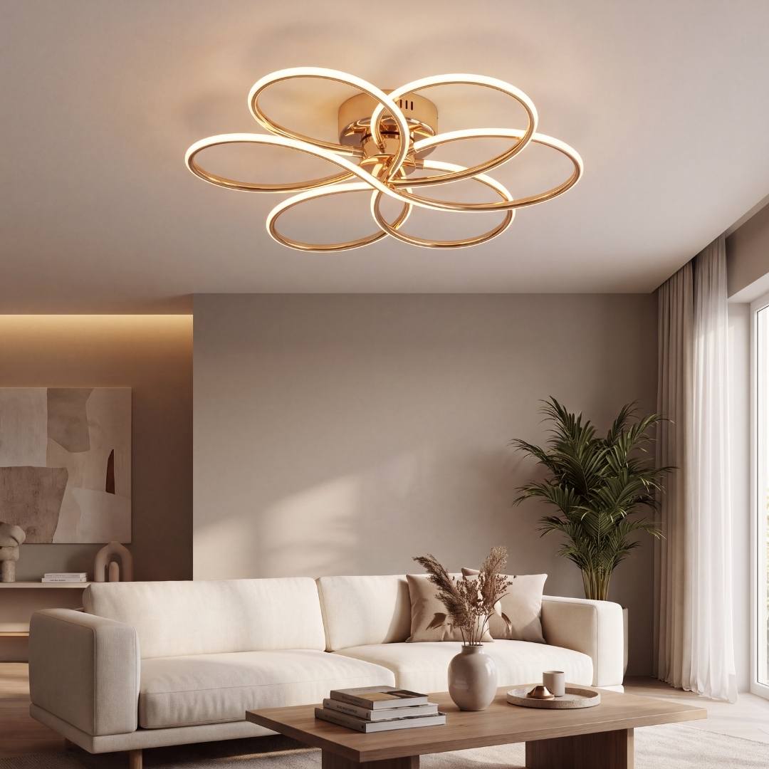 Plafón LED de flor dorada iluminando una sala moderna de techo estándar