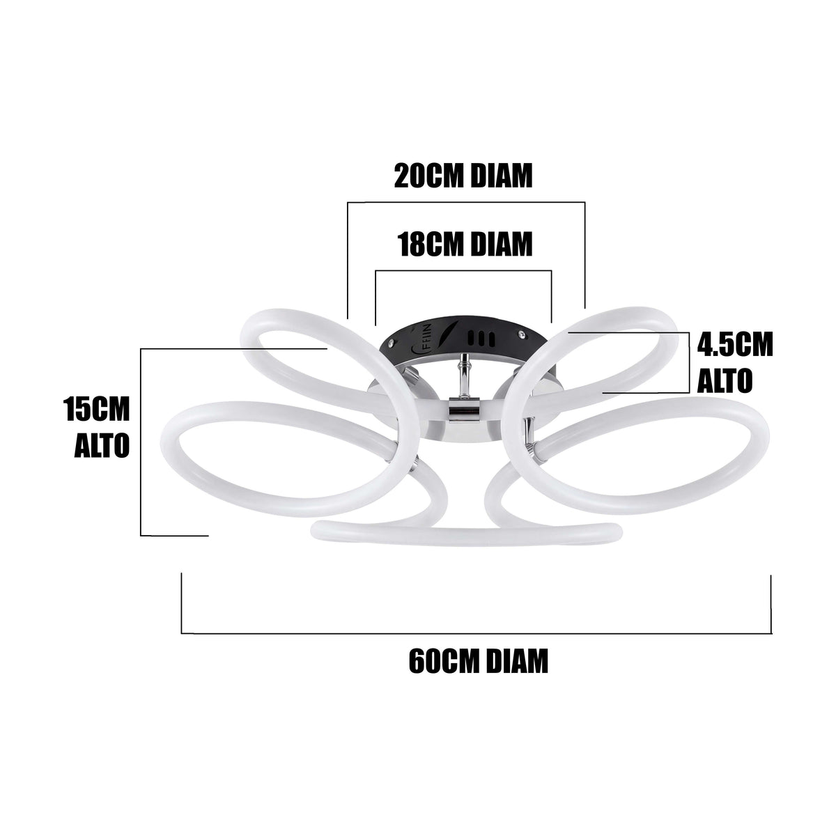 Infografía técnica con cotas de dimensión e instalación de luminaria de sobreponer en techo.