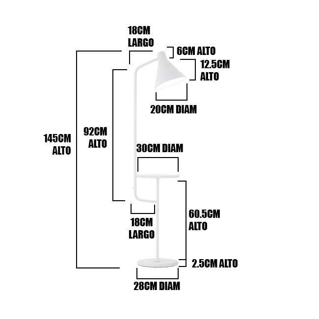 Diagrama con especificaciones dimensionales y partes de una luminaria con bandeja auxiliar integrada.