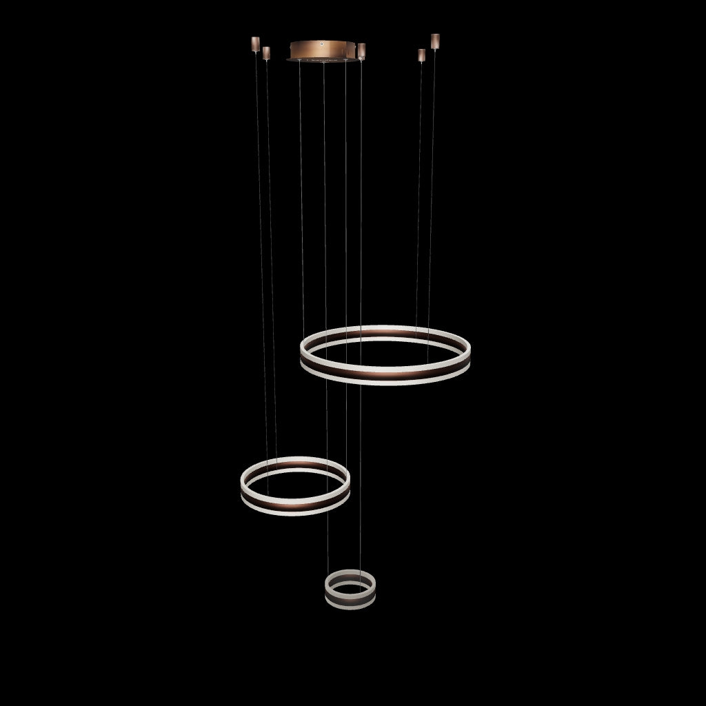 Estructura suspendida de tres anillos concéntricos exenta para proyectos de diseño minimalista.