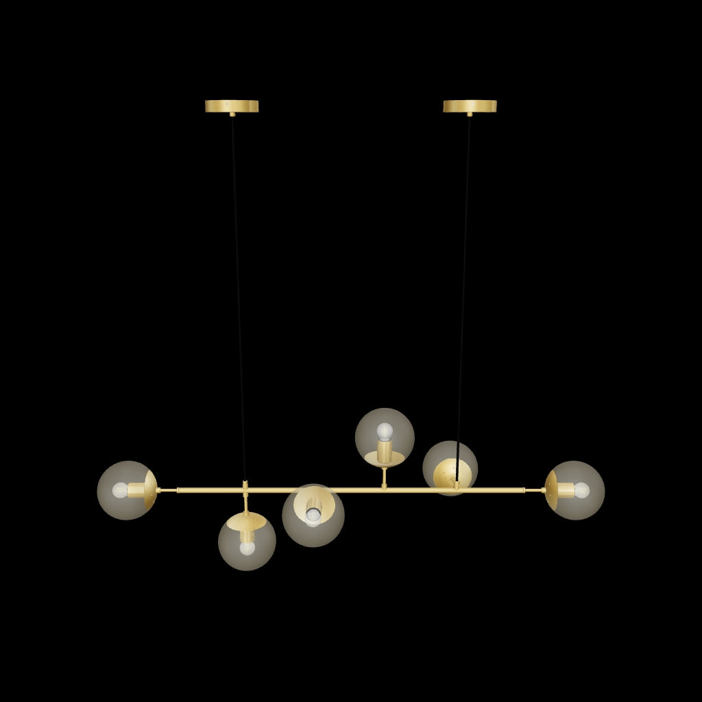 Vista de catálogo en modelado 3D de la lámpara horizontal Amber Line Gold con globos de vidrio.