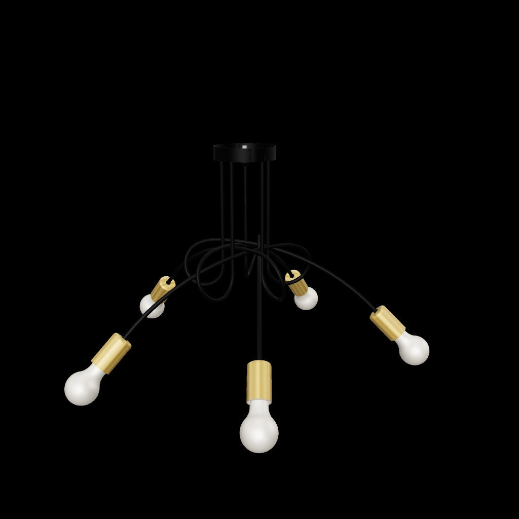 Modelo tridimensional de plafón con estructura orgánica de cinco puntos de luz en acabado negro y dorado.