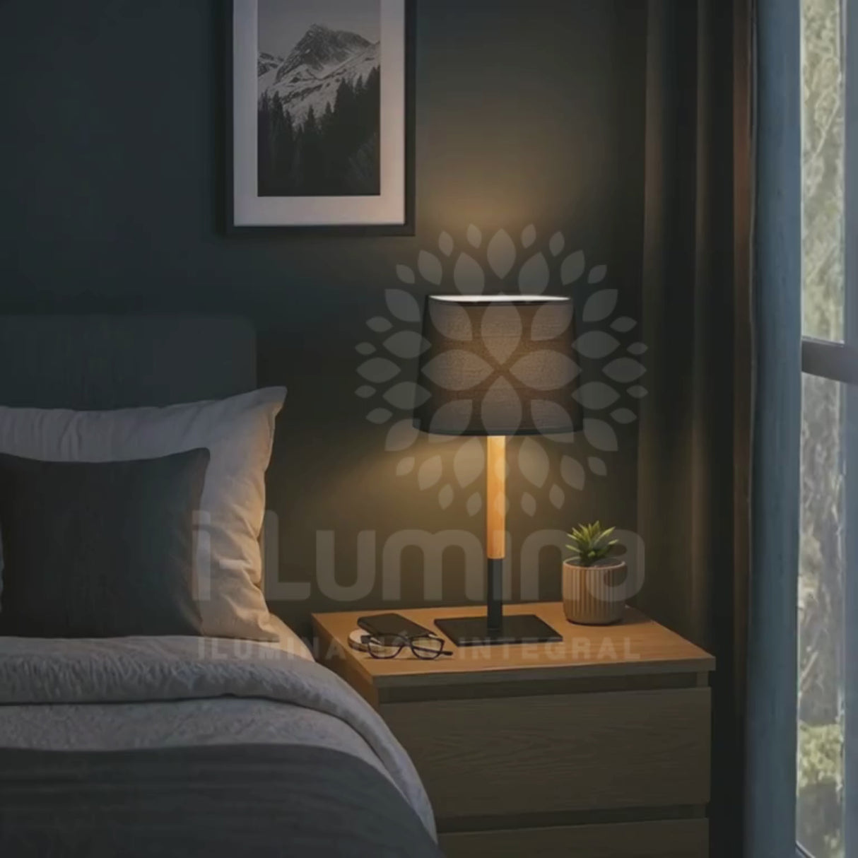 LÁMPARA DE MESA POLONIA WOOD AND BLACK + FOCO LED 12W LUZ CÁLIDA