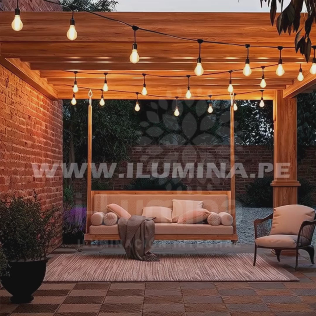 SET COMPLETO - GUIRNALDA LED COLGANTE DE 10MTS + 20 FOCOS LED A60 TRANSPARENTE 4W