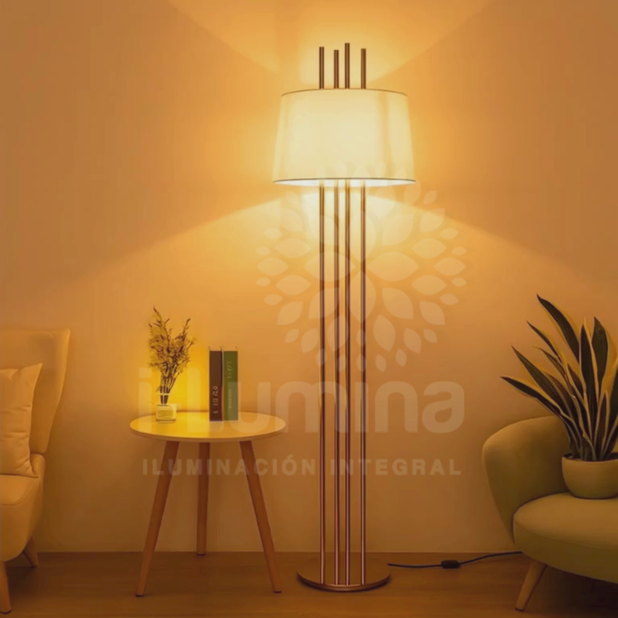 LÁMPARA DE PIE ABIGAIL GOLD + FOCO LED 12W LUZ CÁLIDA