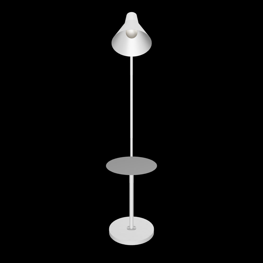 Estructura esbelta de luminaria exenta color blanco satinado con bandeja redonda para interiores.