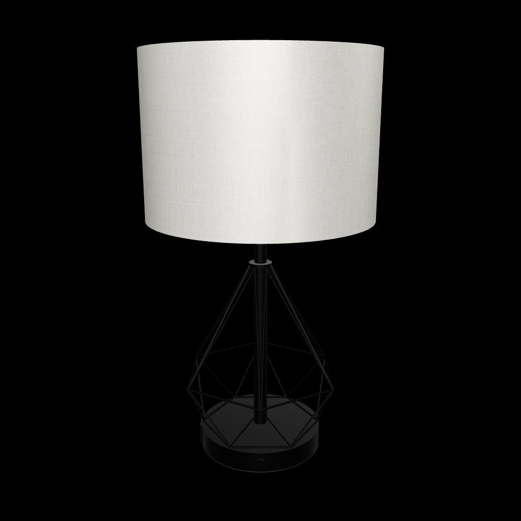 Render tridimensional de lámpara de mesa con estructura metálica de diamantes y pantalla cilíndrica.