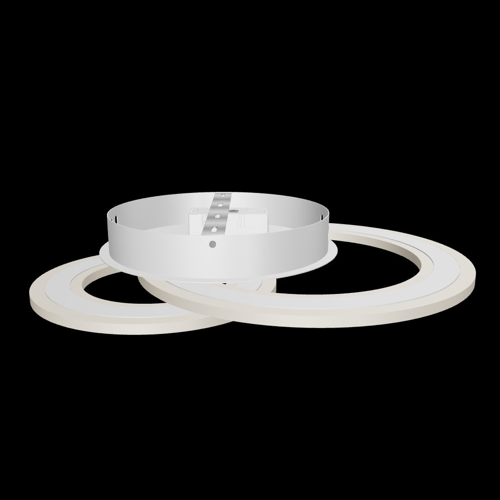 Presentación aislada de chasis metálico blanco mate con anillos de difusor acrílico de alta gama.
