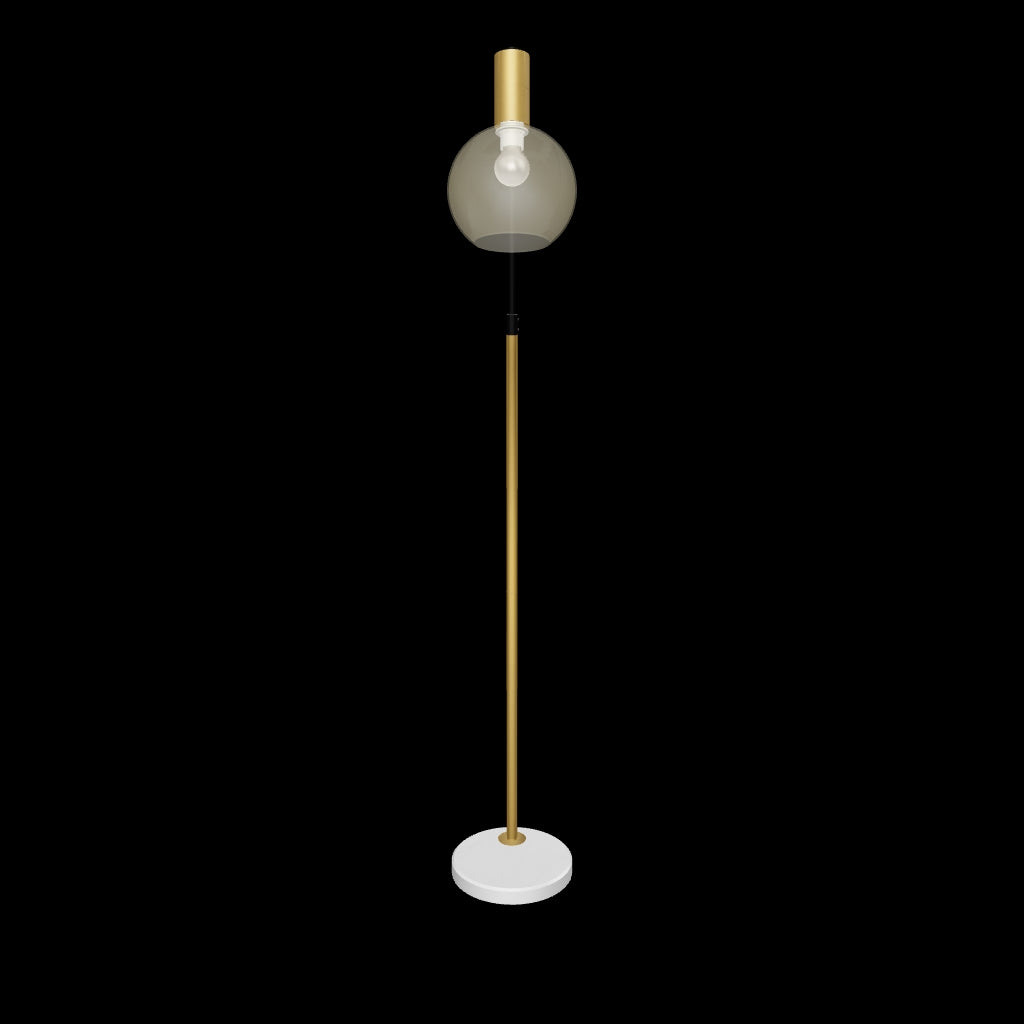 Modelo tridimensional de lámpara de pie con vástago combinado en dorado y negro sobre base circular blanca.