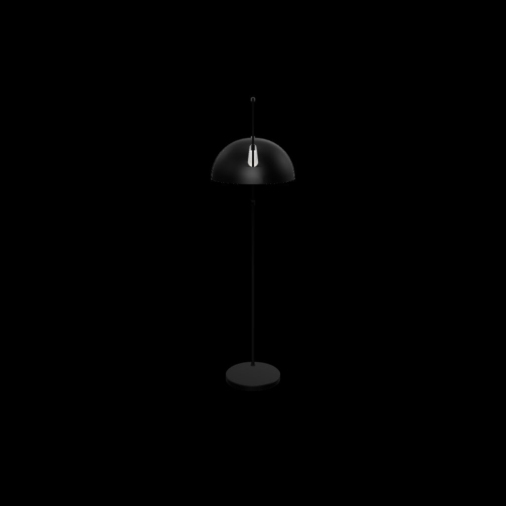 Perspectiva de catálogo de una lámpara de pie curva con acabado negro texturizado aislada sobre fondo blanco.